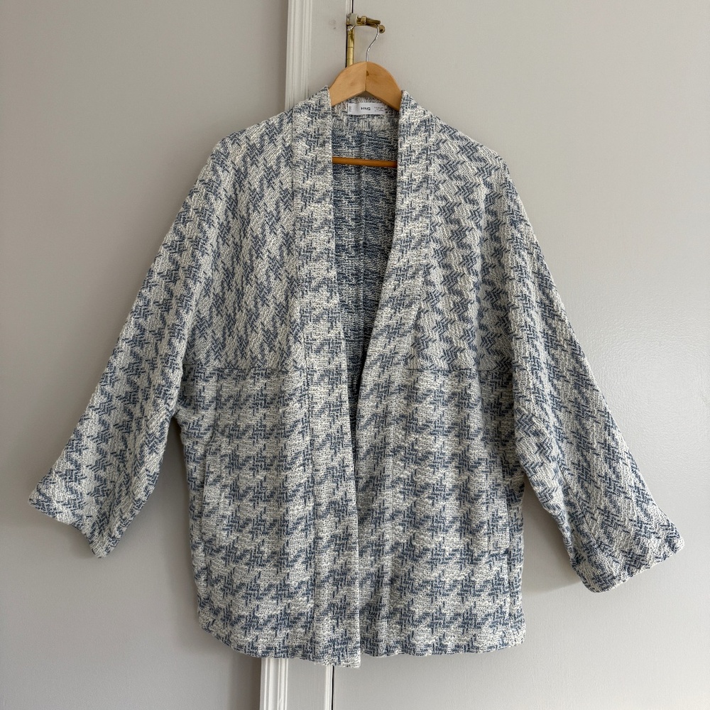 MANGO Women Blue White Houndstooth Checked Open Front Jacket Size M-L